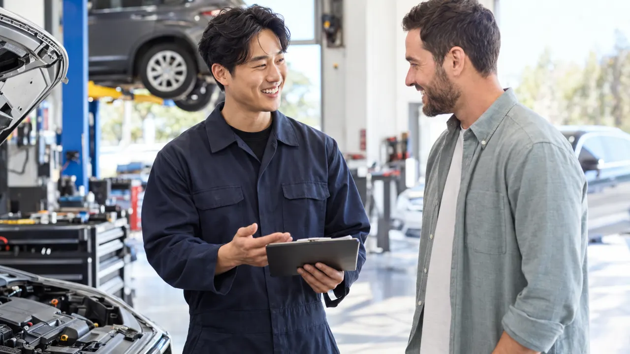 Man, the owner of an auto repair shop, warmly helping a happy customer in their bright auto repair shop