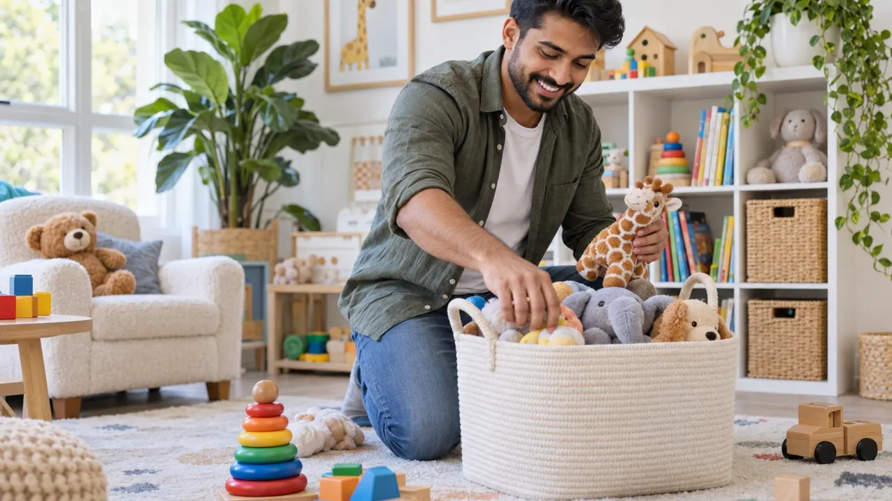 Man, the babysitter, proudly at work in a bright tidy family playroom, no children present, the work itself beautiful and in sharp focus