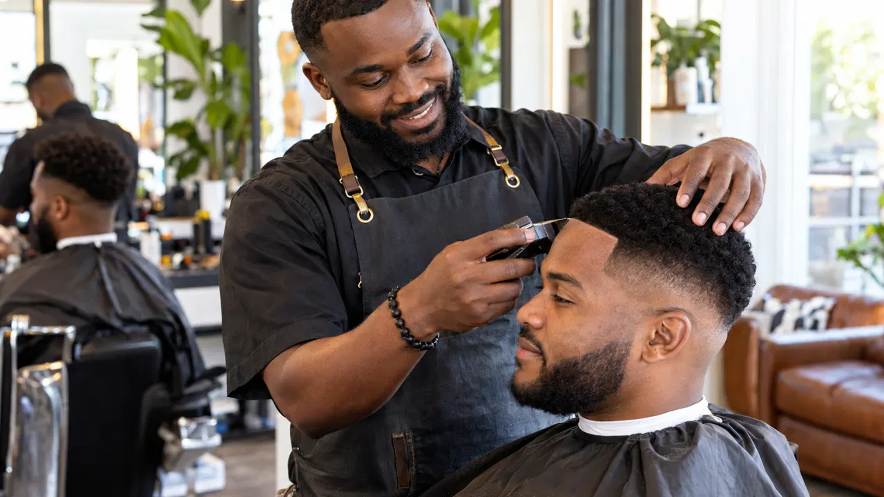 Man of West African descent, the owner of a barbershop, proudly at work in their bright barbershop, the work itself beautiful and in sharp focus