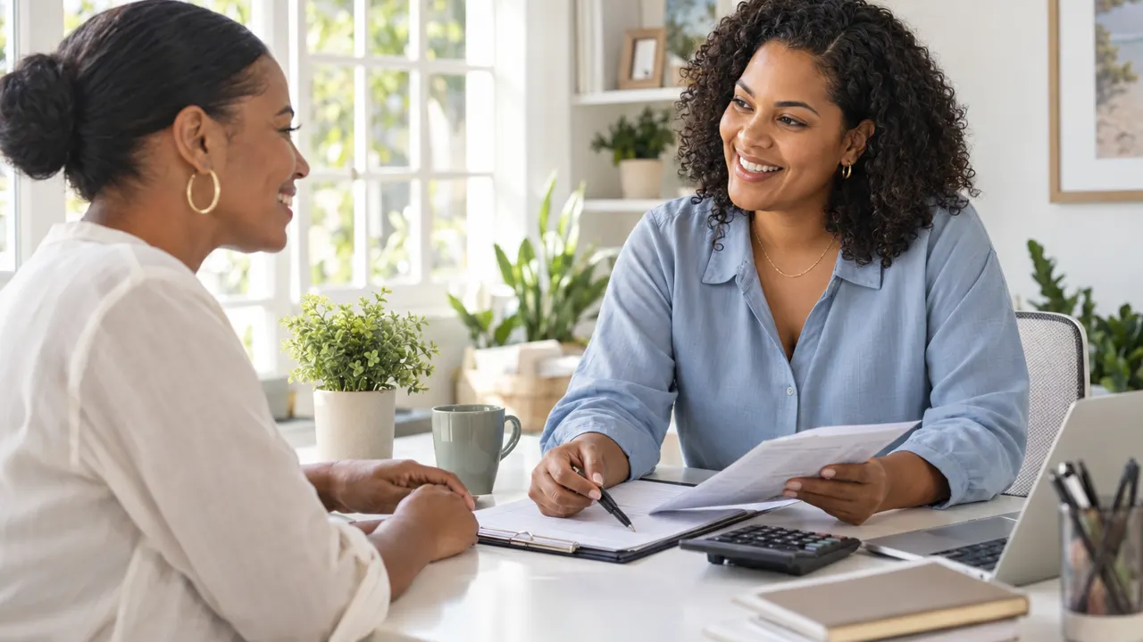 Woman, the bookkeeper, warmly helping a happy customer in a bright home office