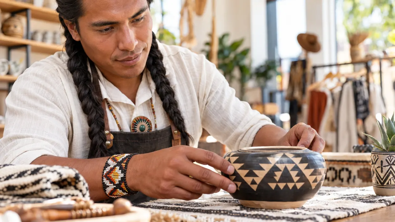Close view of the hands of a man, the owner of a boutique, doing the work with care, the finished result beautiful and in sharp focus, their bright boutique…