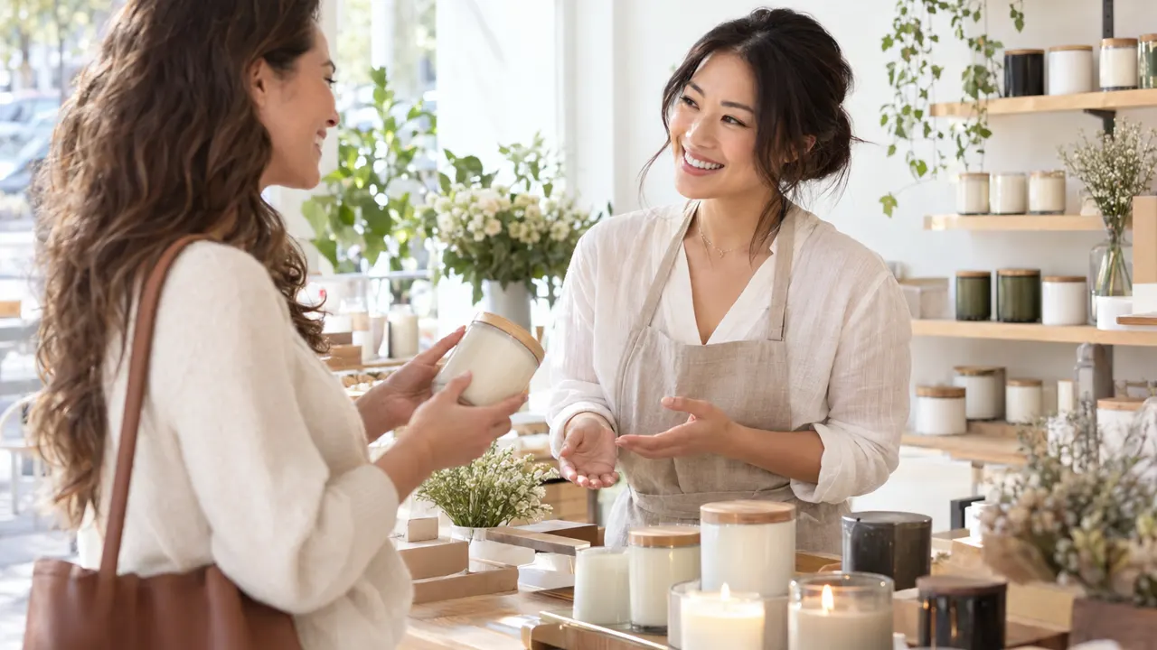 Woman of descent, the owner of a candle business, warmly helping a happy customer in their bright candle business