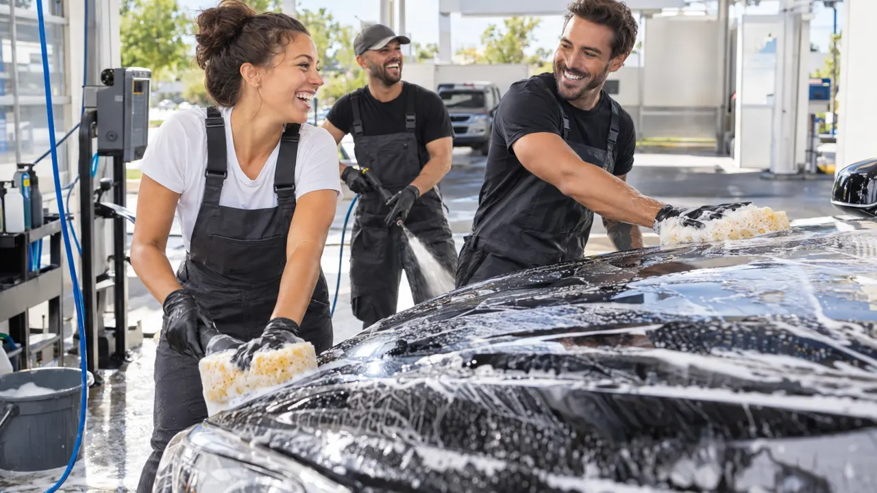 Three friends and thirties who run a car wash together, laughing while they work in a bright modern car wash