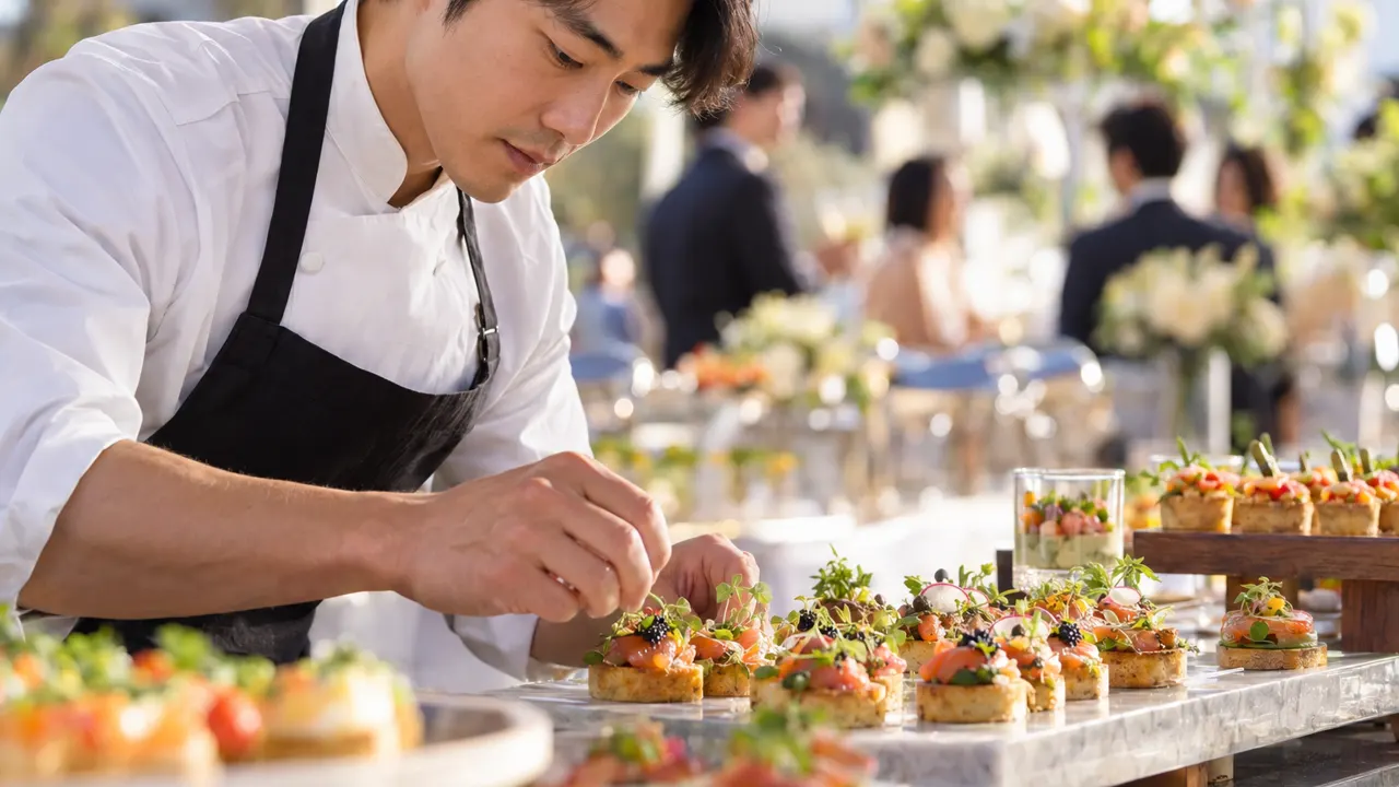 Close view of the hands of a man, the owner of a catering business, doing the work with care, the finished result beautiful and in sharp focus, a bright…
