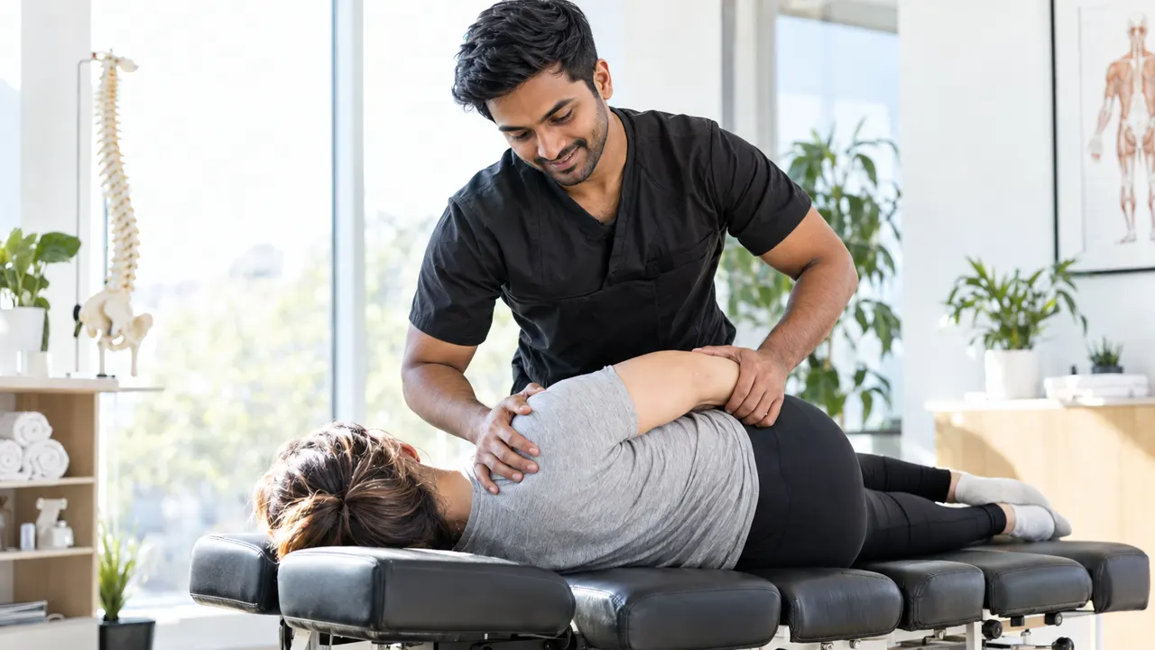 Man, the chiropractor, proudly at work in a bright modern clinic, the work itself beautiful and in sharp focus