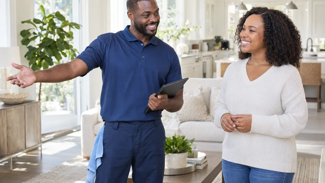 Man of West African descent, the owner of a cleaning business, warmly helping a happy customer in a bright sparkling clean home