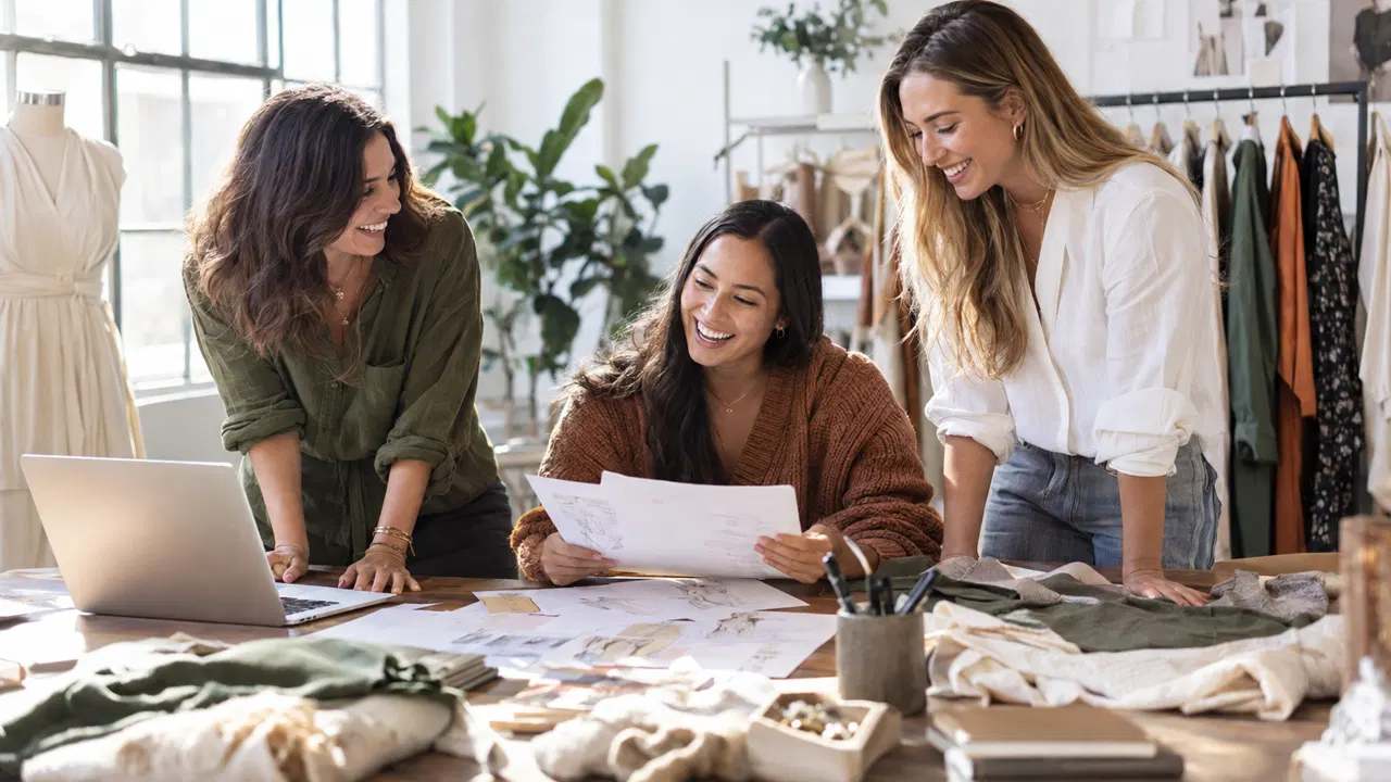 Three friends and thirties who run a clothing brand together, laughing while they work in their bright clothing brand
