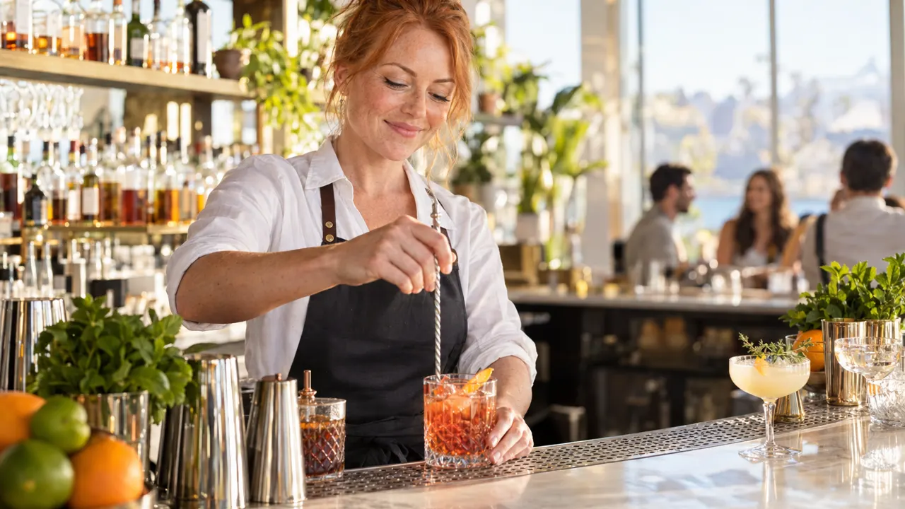 Woman, the owner of a cocktail bar, proudly at work in their bright cocktail bar, the work itself beautiful and in sharp focus