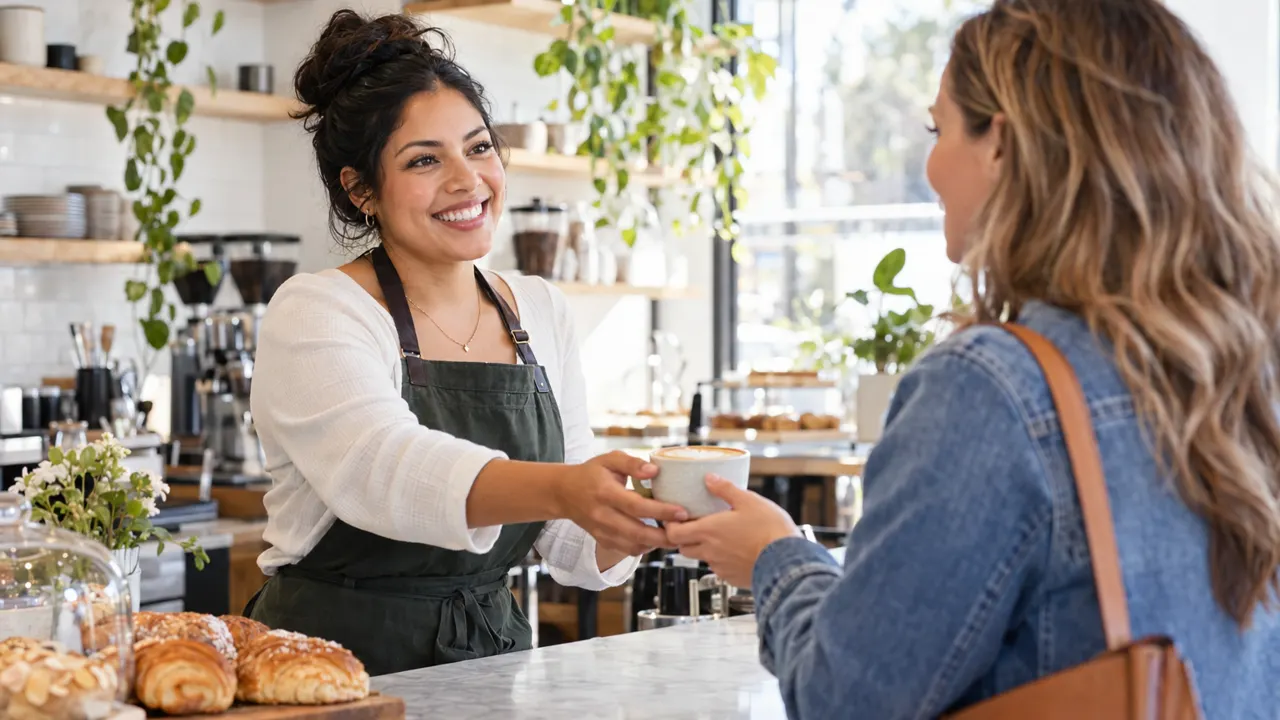 Woman, the owner of a coffee shop, warmly helping a happy customer in their bright coffee shop