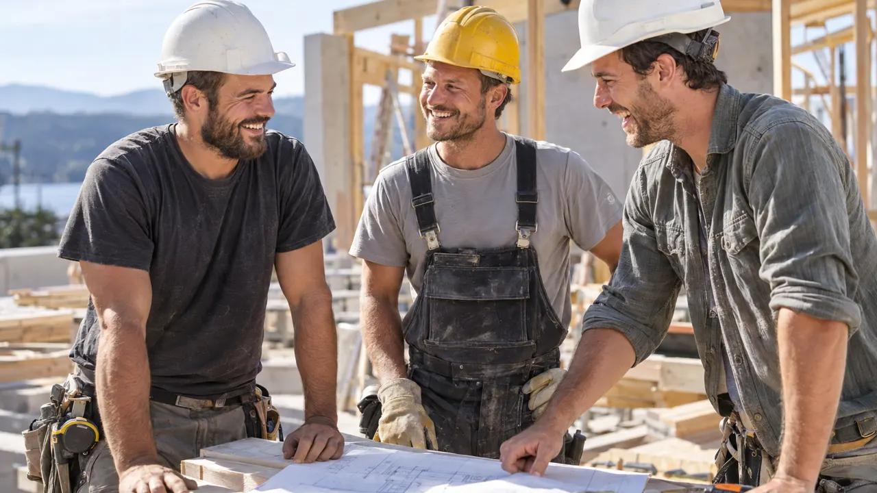 Three friends and thirties who run a construction company together, laughing while they work in a bright sunny building site