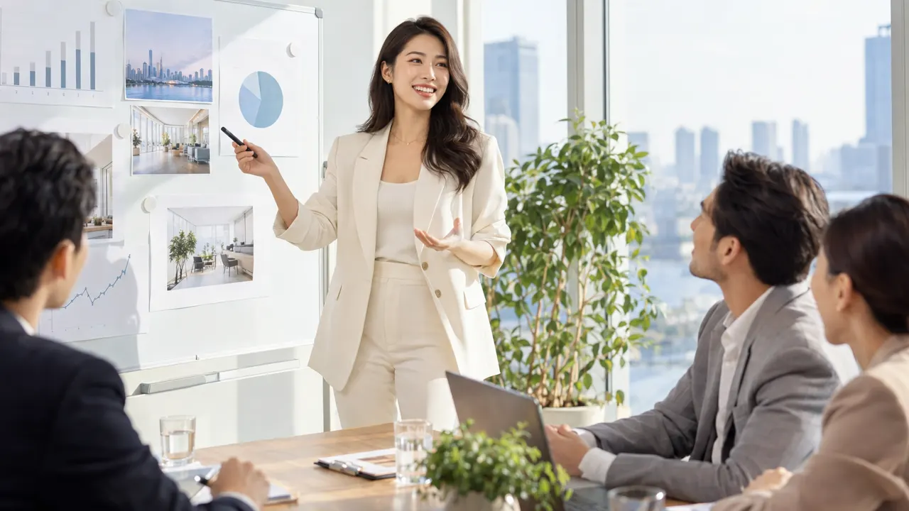Woman of descent, the business consultant, proudly at work in a bright meeting room, the work itself beautiful and in sharp focus