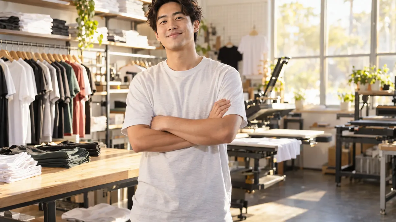 Man, the owner of a custom t shirt business, standing confidently in their bright custom t shirt business, relaxed and smiling, golden morning sunlight