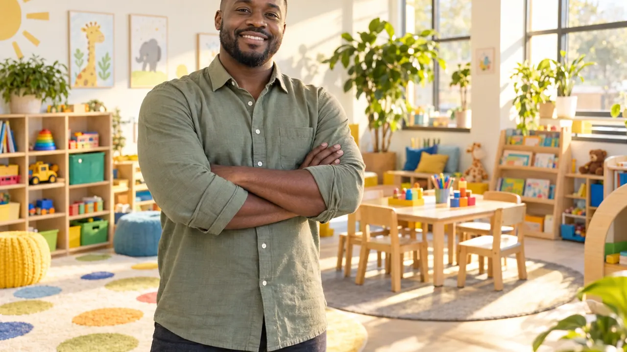 Man of West African descent, the daycare owner, standing confidently in a bright colorful daycare playroom before opening, no children present, relaxed and…