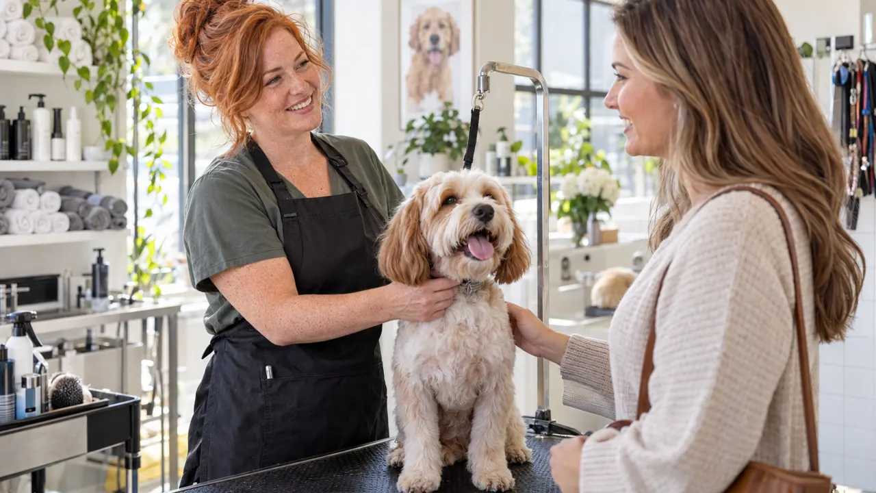 Woman, the owner of a dog grooming business, warmly helping a happy customer in their bright dog grooming business