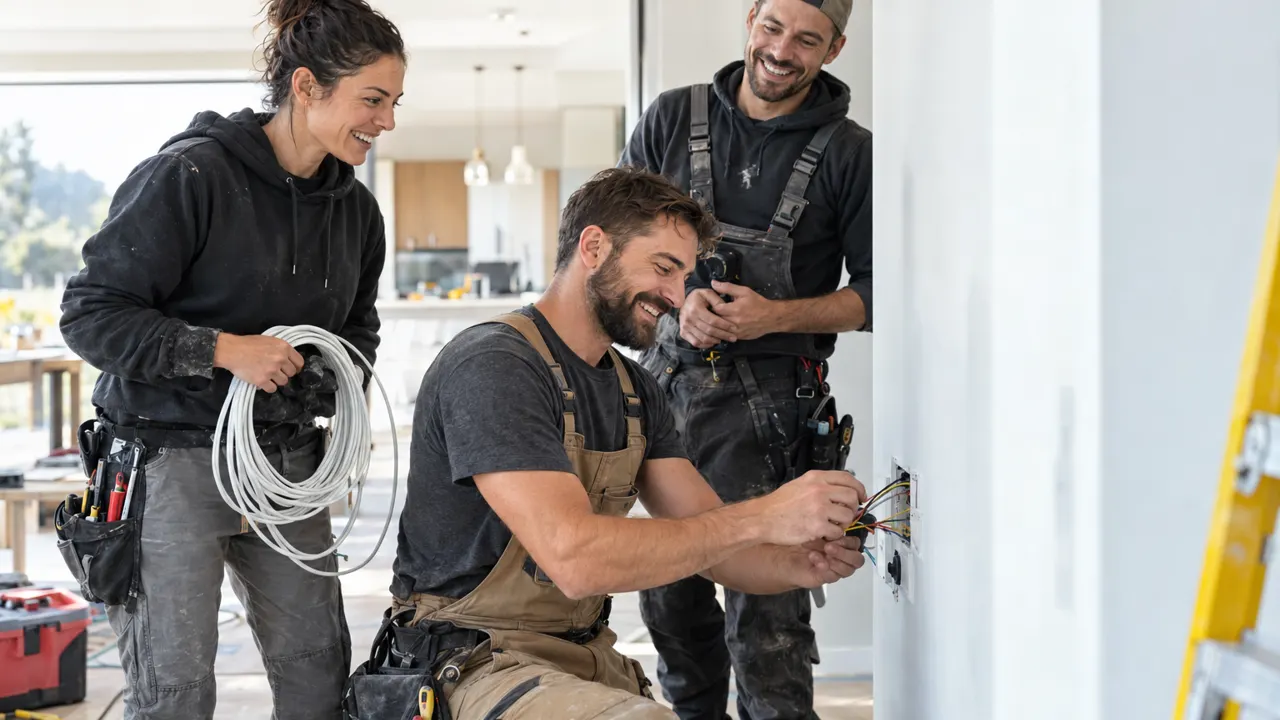 Three friends and thirties who run an electrician business together, laughing while they work in a bright modern home being finished