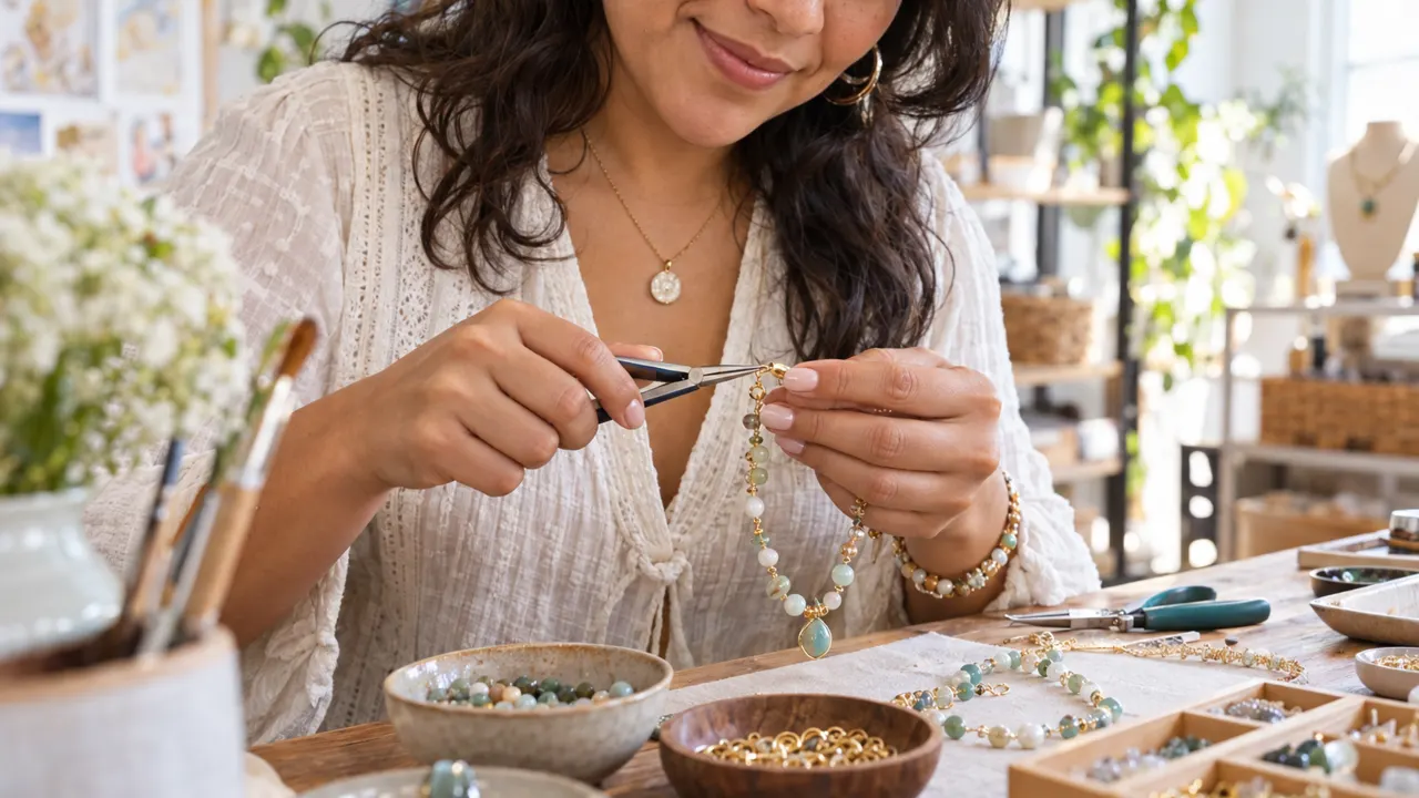 Close view of the hands of a woman, the Etsy shop maker, doing the work with care, the finished result beautiful and in sharp focus, a bright craft studio…