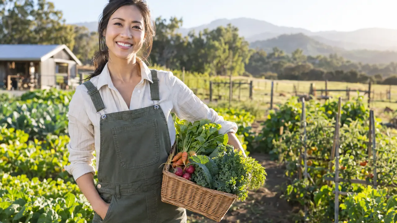 Woman of descent, the small family farm owner, standing confidently in a sunny green farm field, relaxed and smiling, golden morning sunlight