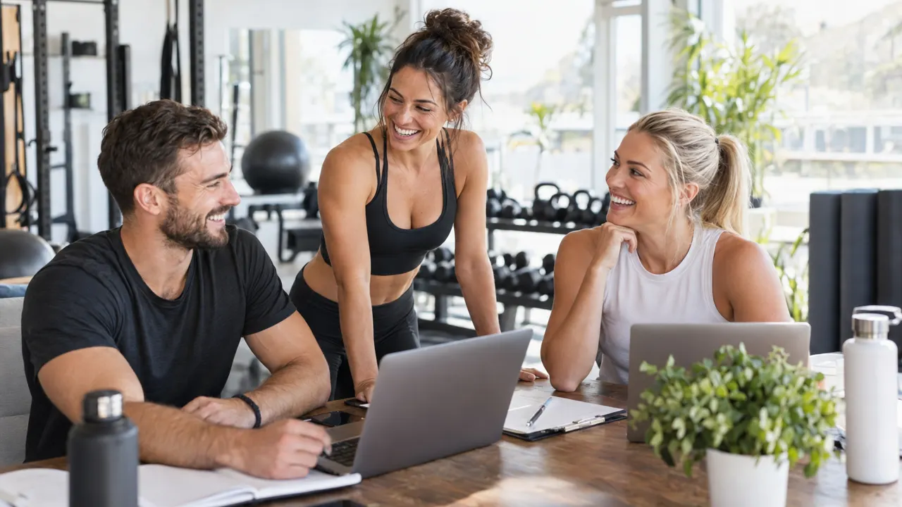 Three friends and thirties who run a fitness coach business together, laughing while they work in their bright fitness coach business