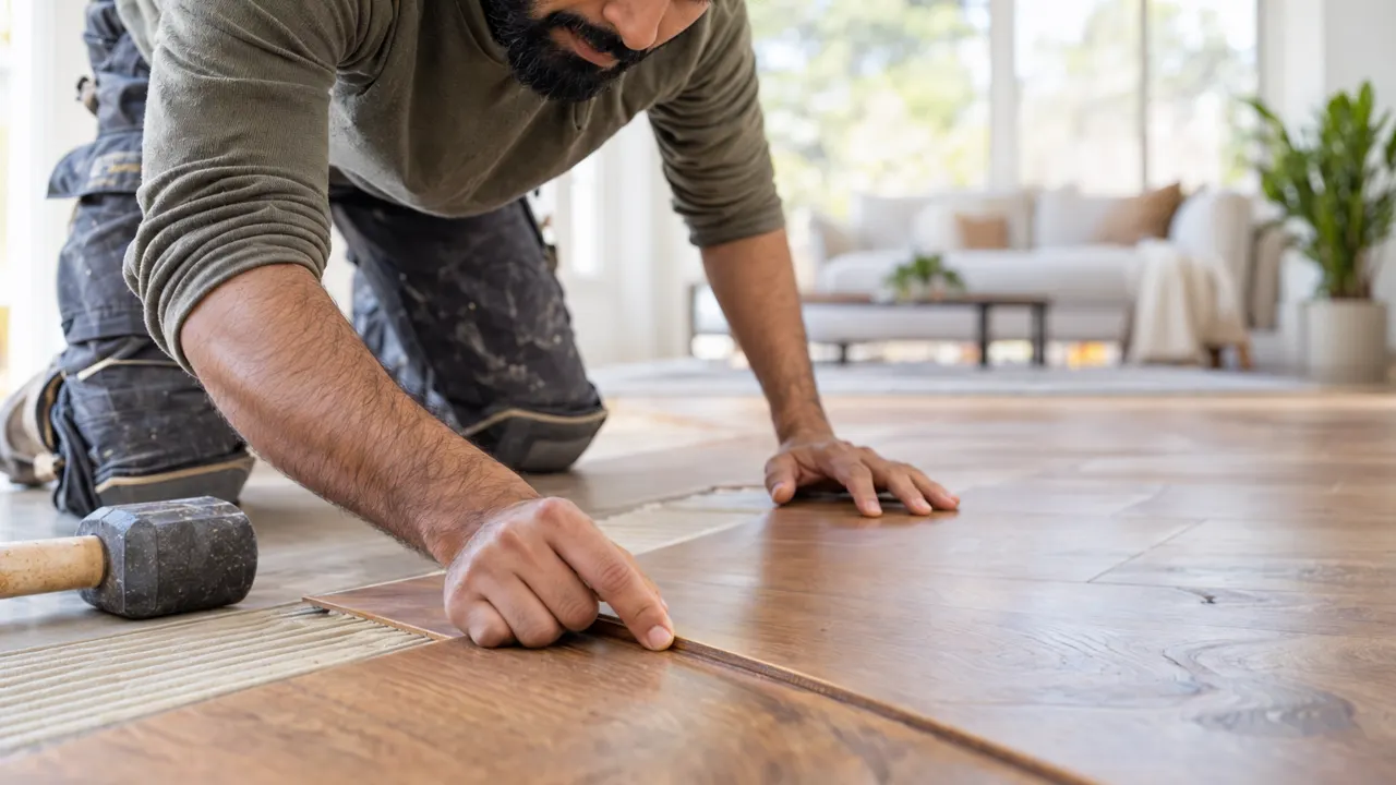 Close view of the hands of a man, the owner of a flooring company, doing the work with care, the finished result beautiful and in sharp focus, a bright home…