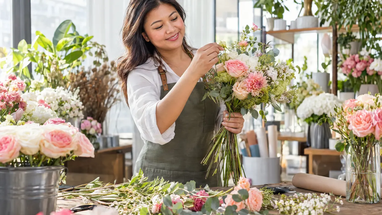 Woman, the owner of a florist business, proudly at work in their bright florist business, the work itself beautiful and in sharp focus