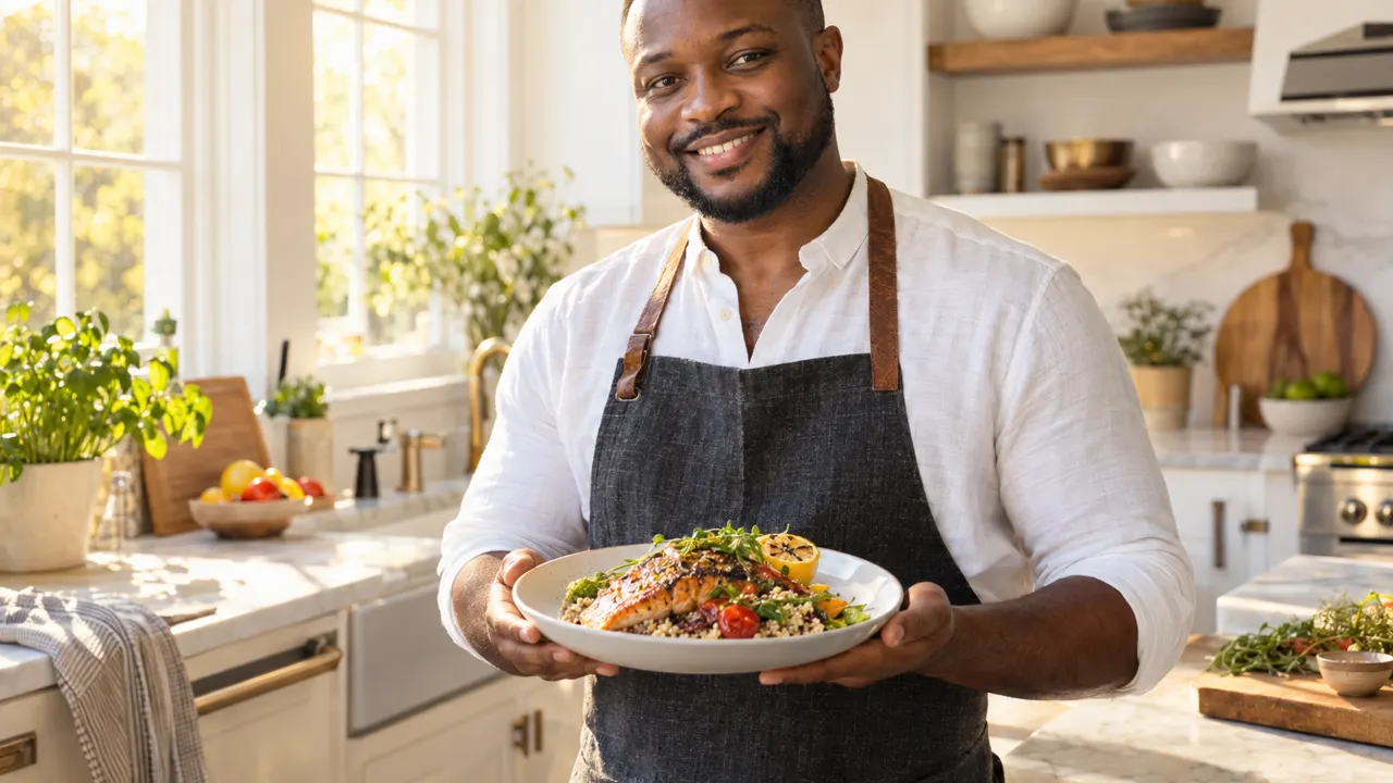 Man of West African descent, the food blogger, standing confidently in a bright kitchen with a beautiful plated dish, relaxed and smiling, golden morning…