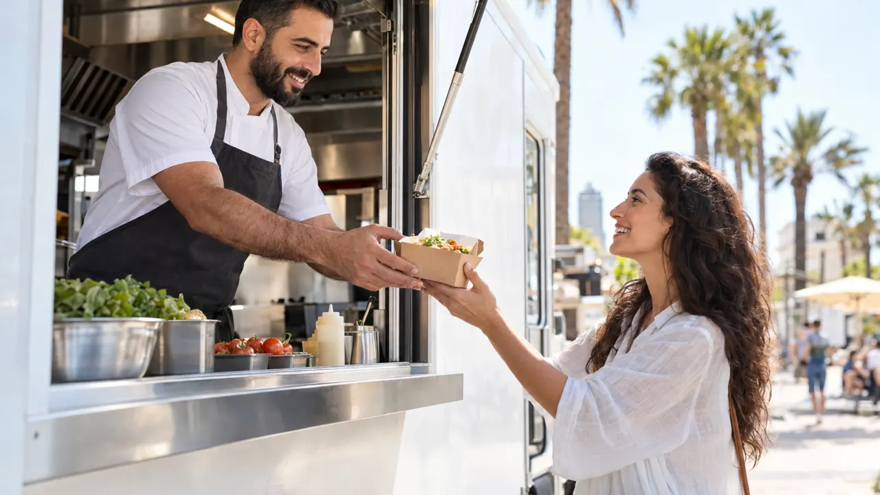 Man, the owner of a food truck, warmly helping a happy customer in a sunny street beside a plain food truck