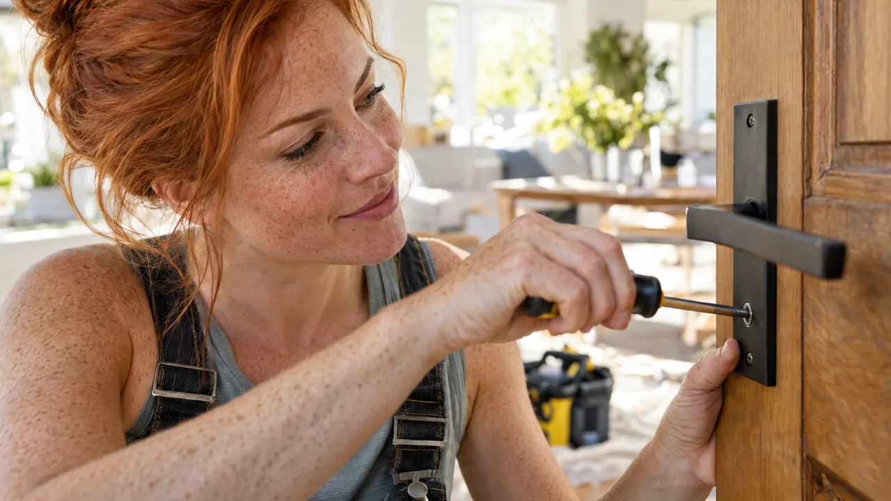 Close view of the hands of a woman, the owner of a handyman business, doing the work with care, the finished result beautiful and in sharp focus, a bright…