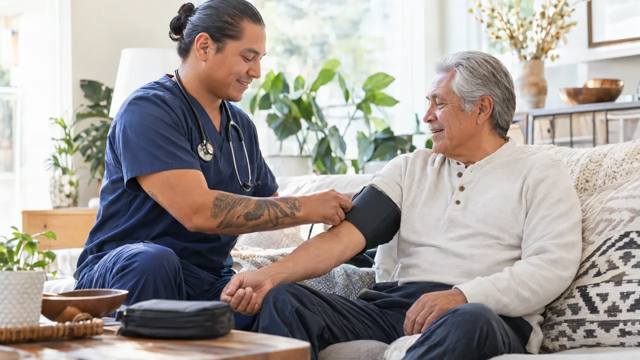 Man, the home care nurse, proudly at work in a bright welcoming living room, the work itself beautiful and in sharp focus