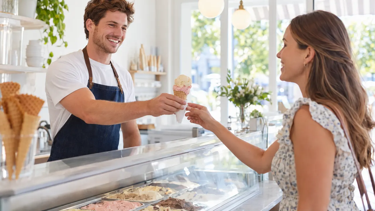 Man, the owner of an ice cream shop, warmly helping a happy customer in their bright ice cream shop