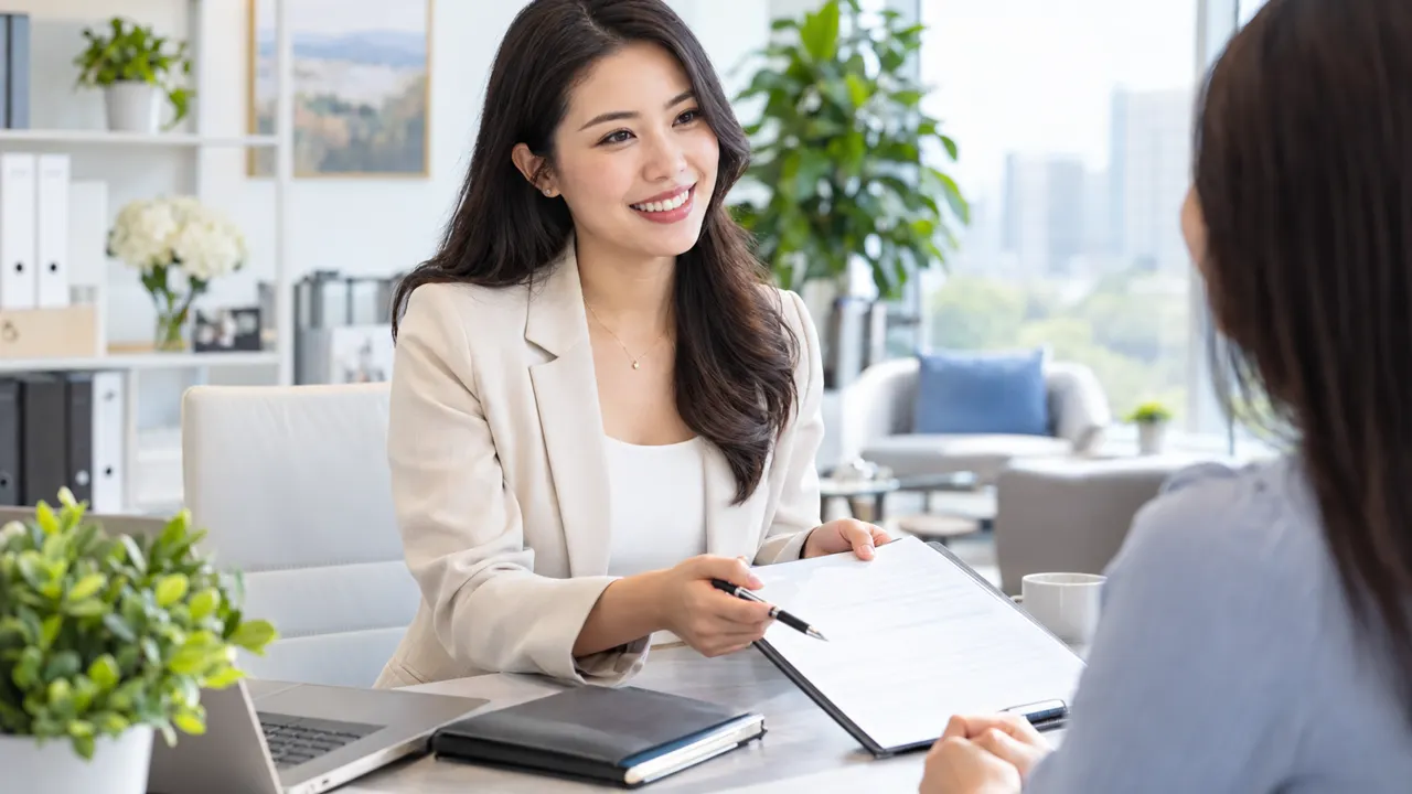 Woman of descent, the insurance agent, proudly at work in a bright friendly agency office, the work itself beautiful and in sharp focus