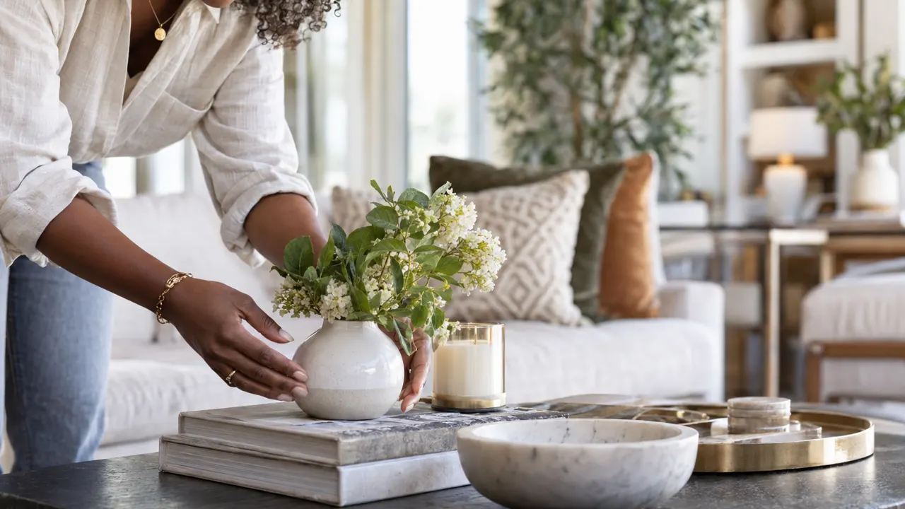 Close view of the hands of a woman, the owner of an interior design business, doing the work with care, the finished result beautiful and in sharp focus,…