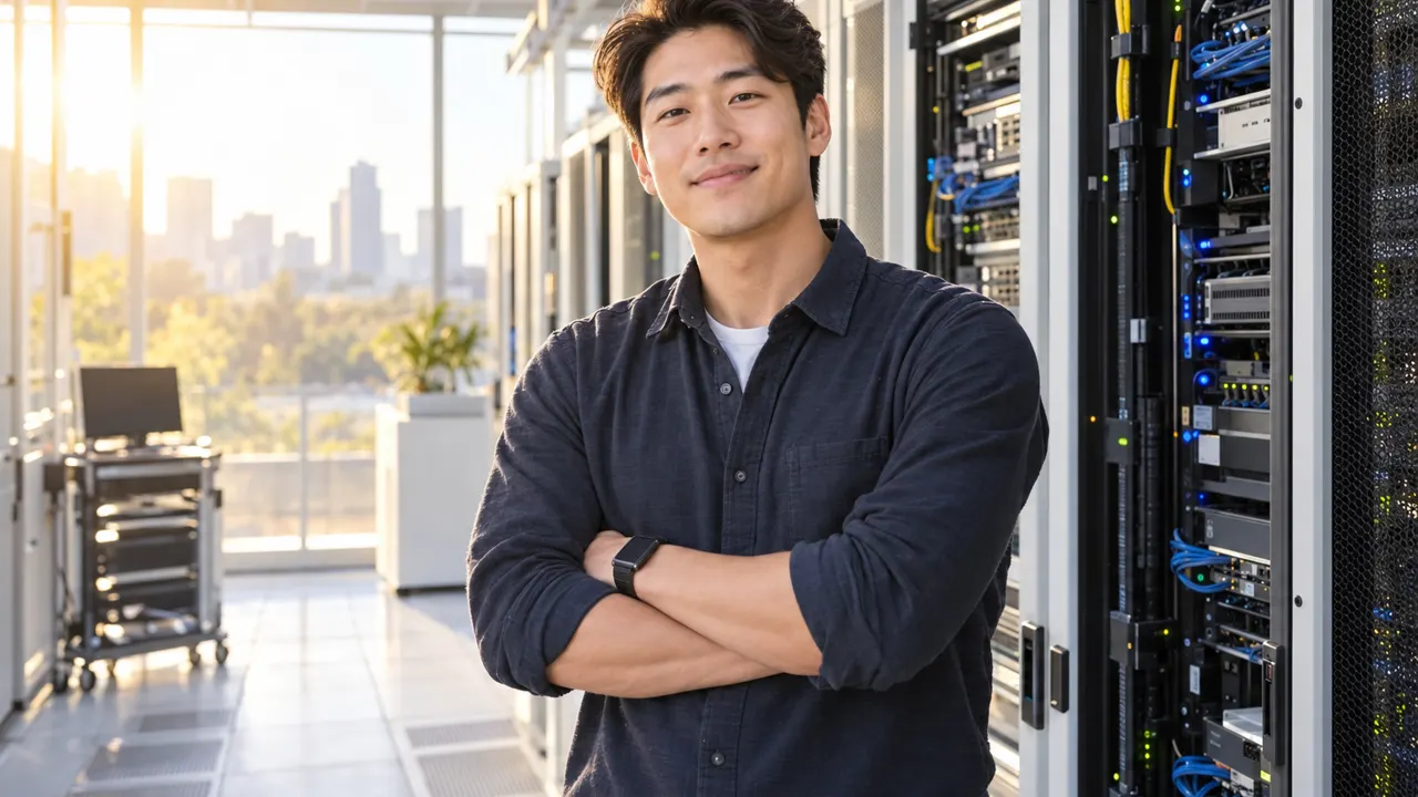 Man, the IT services specialist, standing confidently in a bright modern server room, relaxed and smiling, golden morning sunlight