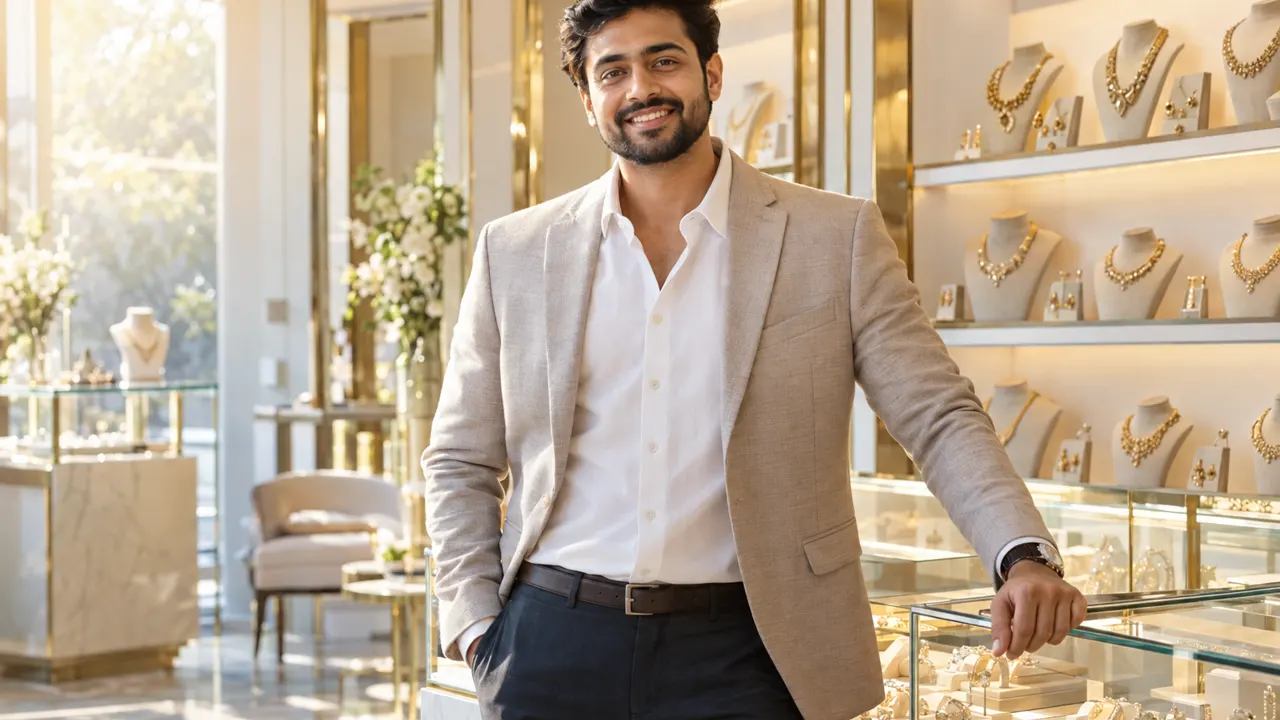 Man, the owner of a jewelry brand, standing confidently in their bright jewelry brand, relaxed and smiling, golden morning sunlight