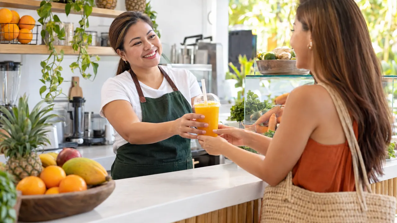 Woman, the owner of a juice bar, warmly helping a happy customer in their bright juice bar