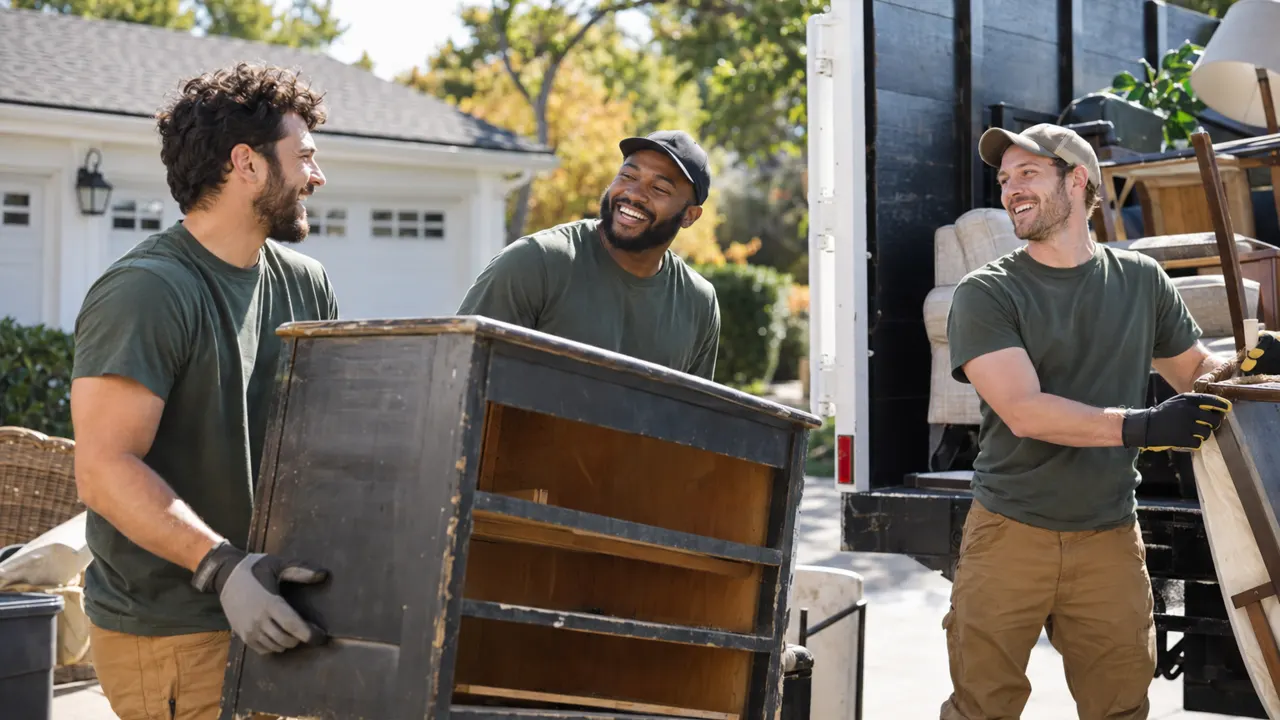 Three friends and thirties who run a junk removal business together, laughing while they work in a sunny driveway beside a clean truck