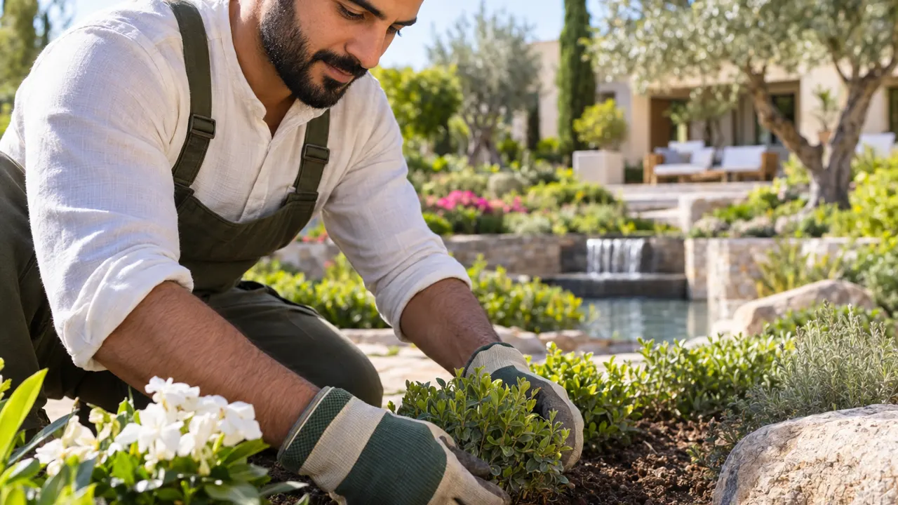 Close view of the hands of a man, the owner of a landscaping business, doing the work with care, the finished result beautiful and in sharp focus, a sunny…