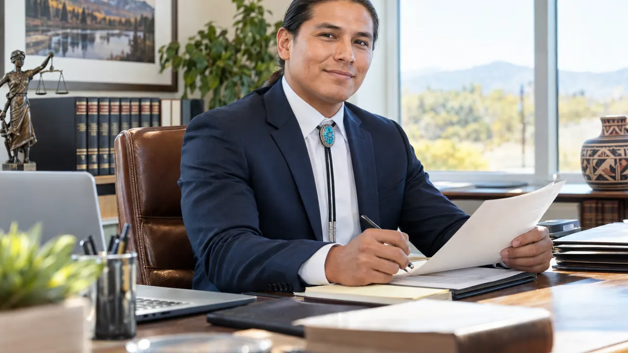 Man, the attorney at a small law firm, proudly at work in a bright modern law office, the work itself beautiful and in sharp focus