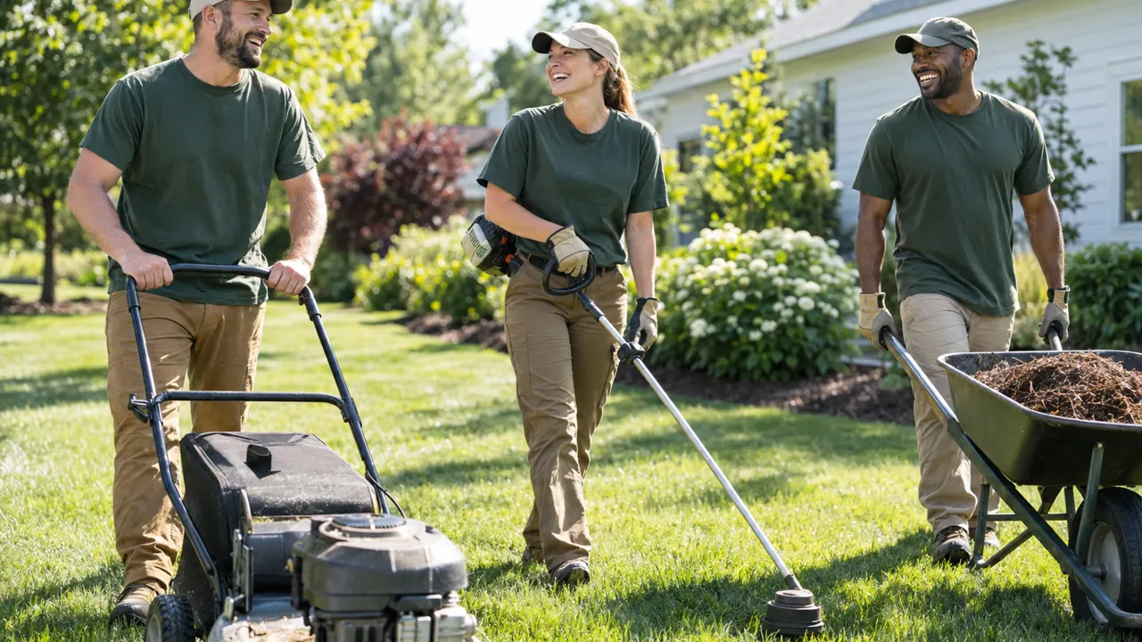 Three friends and thirties who run a lawn care business together, laughing while they work in a sunny green lawn