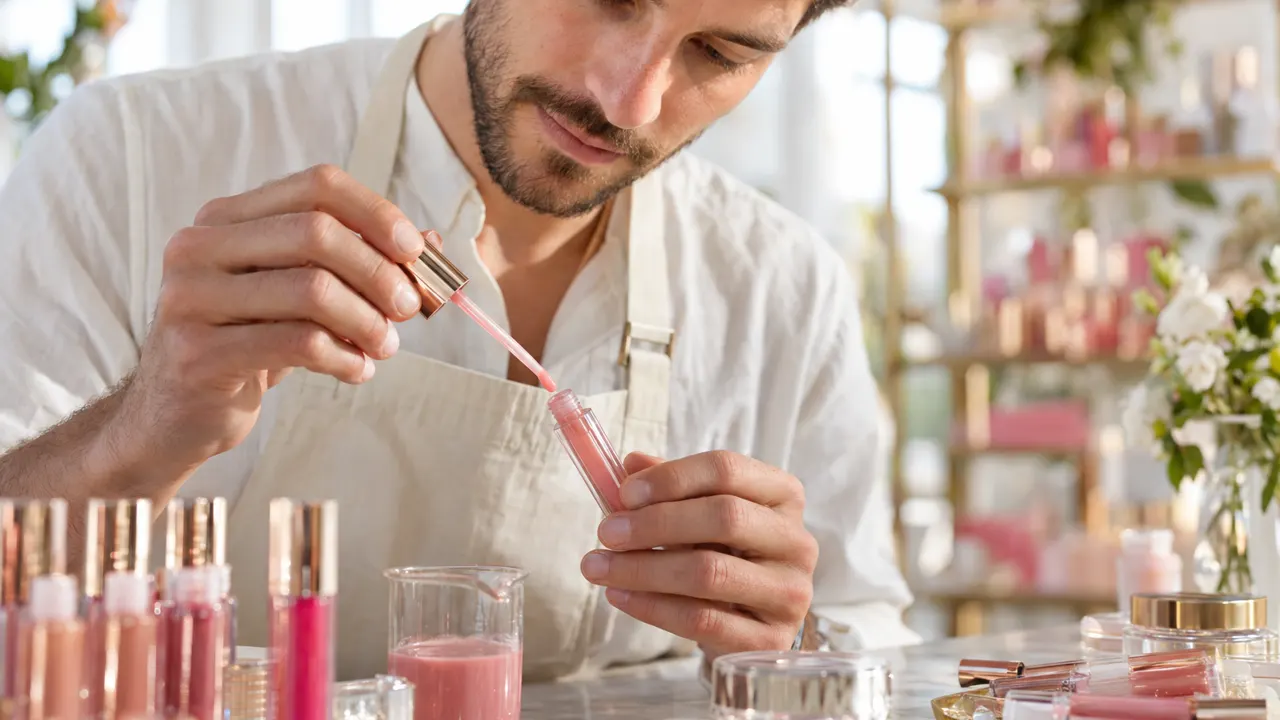 Close view of the hands of a man, the owner of a lip gloss business, doing the work with care, the finished result beautiful and in sharp focus, their…
