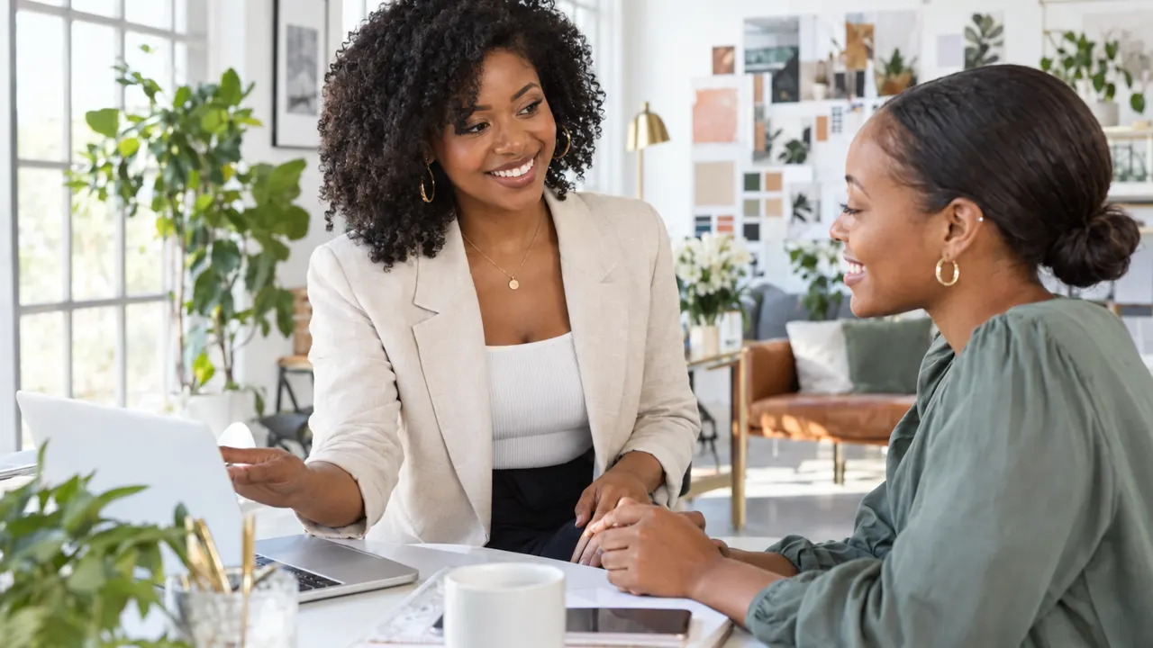 Woman, the marketing agency founder, warmly helping a happy customer in a bright creative agency studio