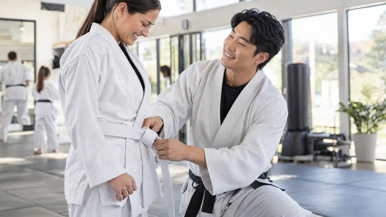 Man, the owner of a martial arts school, warmly helping a happy customer in their bright martial arts school