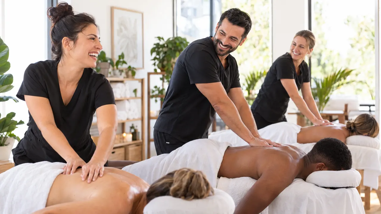 Three friends and thirties who run a massage therapy business together, laughing while they work in their bright massage therapy business