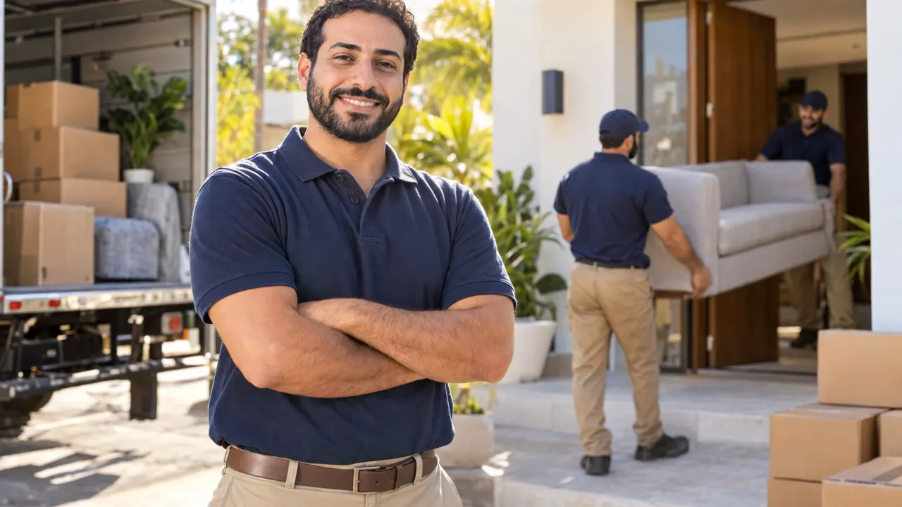 Man, the owner of a moving company, standing confidently in a bright sunny moving day at a new home, relaxed and smiling, golden morning sunlight