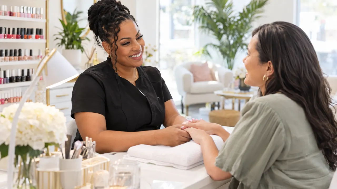 Woman, the owner of a nail salon, warmly helping a happy customer in their bright nail salon