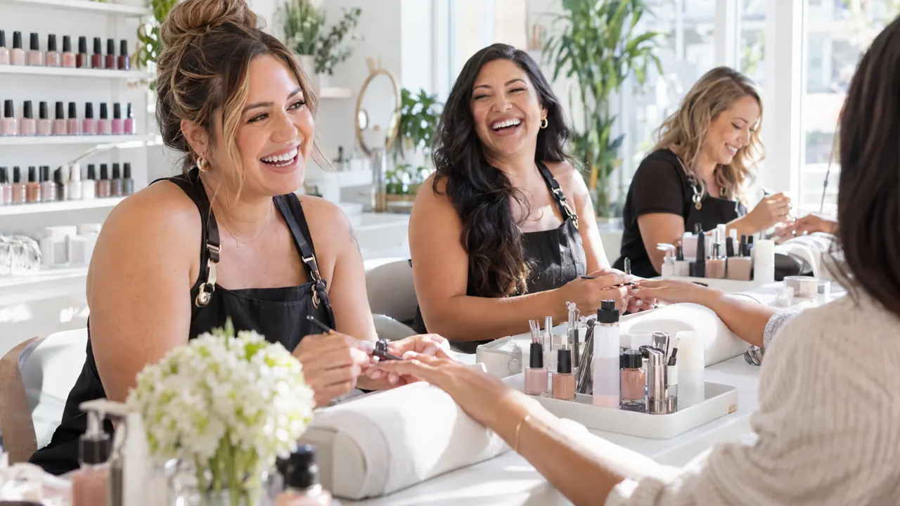 Three friends and thirties who run a nail tech business together, laughing while they work in their bright nail tech business