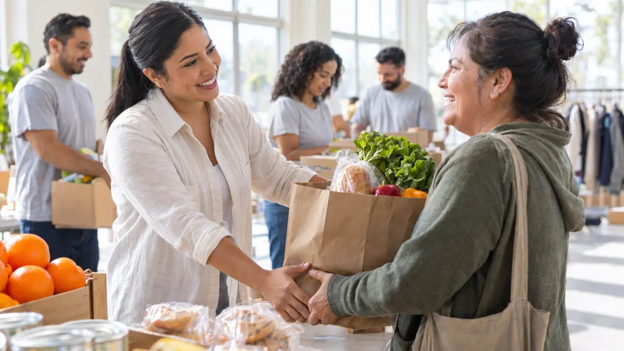 Woman, the nonprofit organizer, warmly helping a happy customer in a bright community center with volunteers