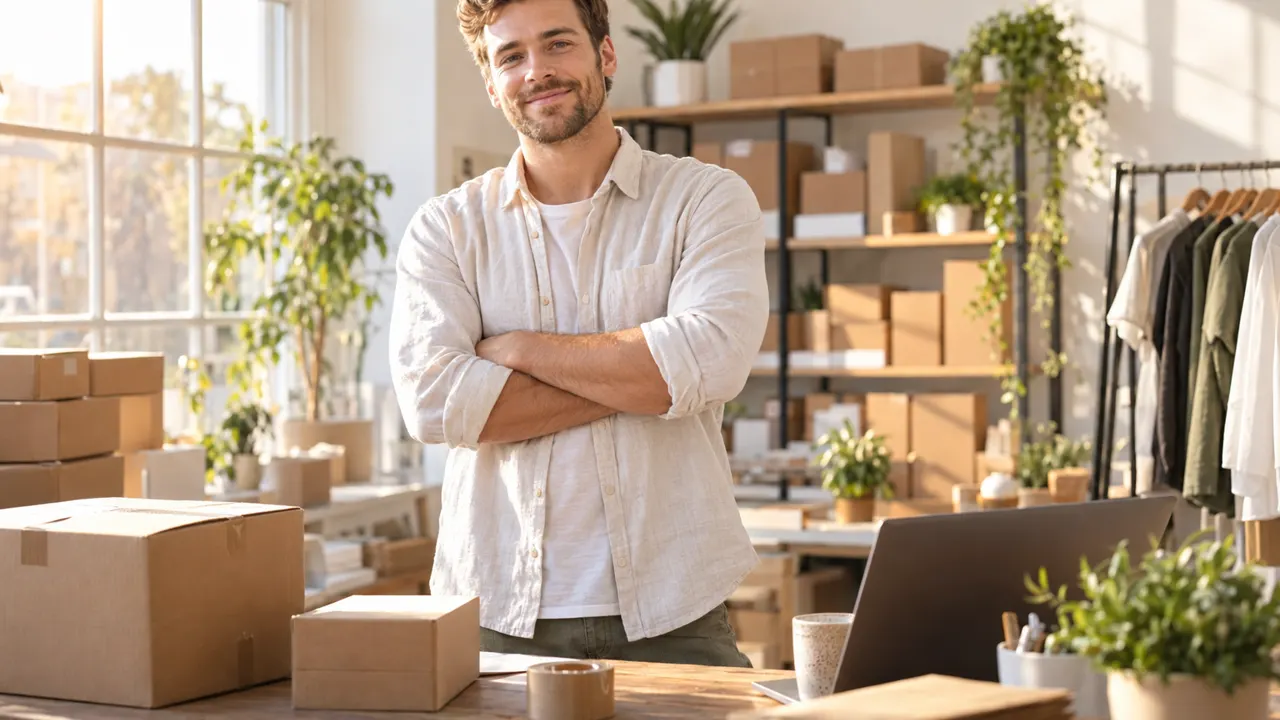 Man, the online store owner, standing confidently in a bright packing studio, relaxed and smiling, golden morning sunlight