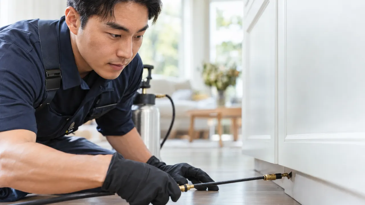 Close view of the hands of a man, the owner of a pest control company, doing the work with care, the finished result beautiful and in sharp focus, a bright…