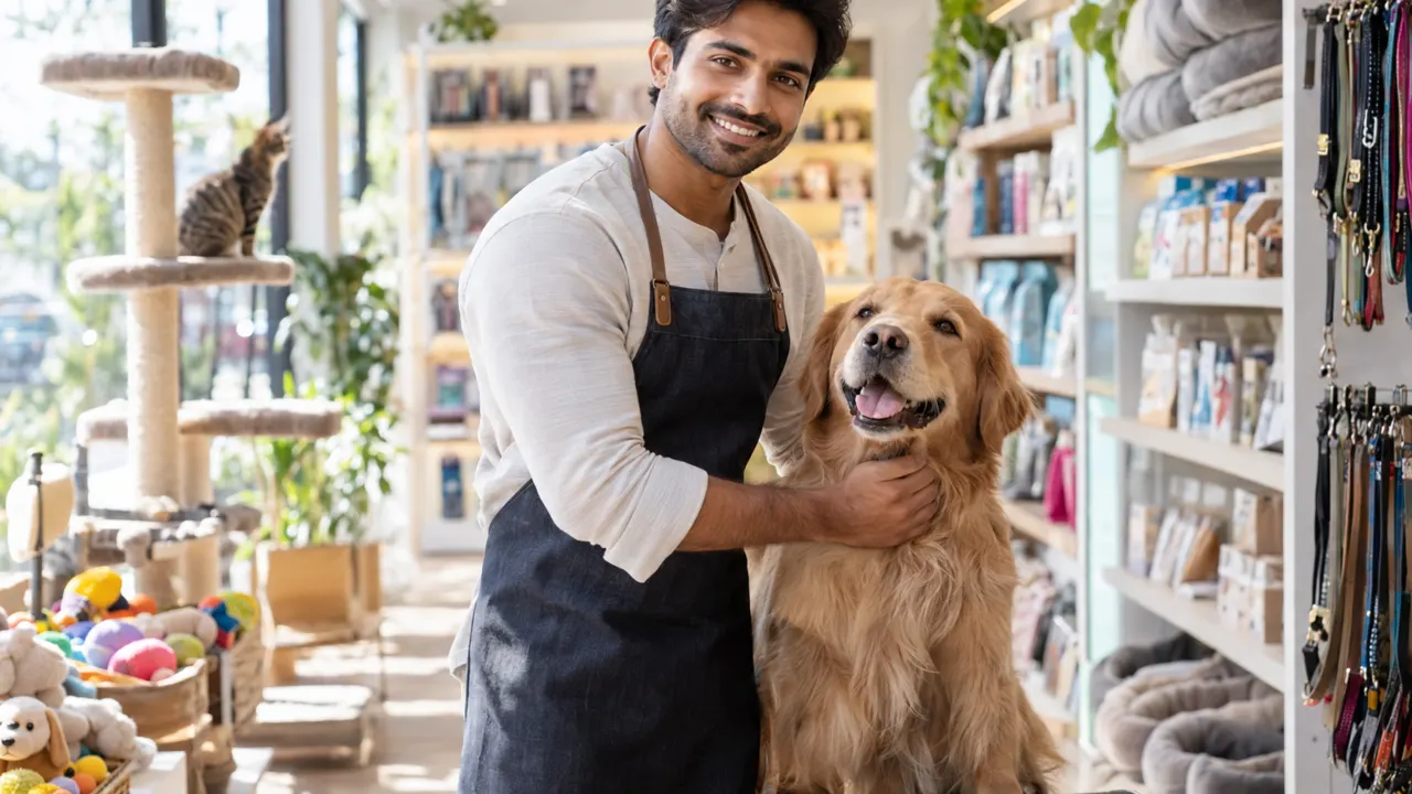 Man, the owner of a pet business, proudly at work in their bright pet business, the work itself beautiful and in sharp focus