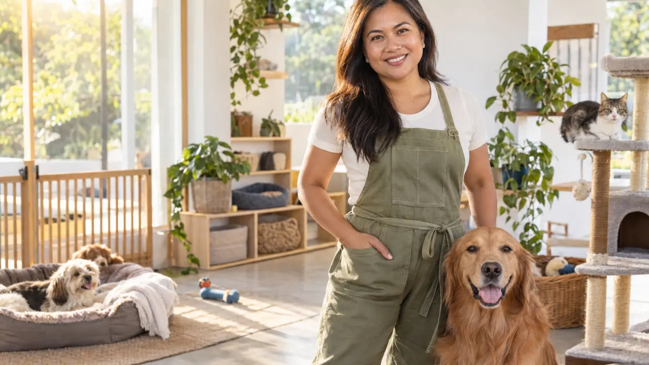 Woman, the owner of a pet sitting business, standing confidently in their bright pet sitting business, relaxed and smiling, golden morning sunlight